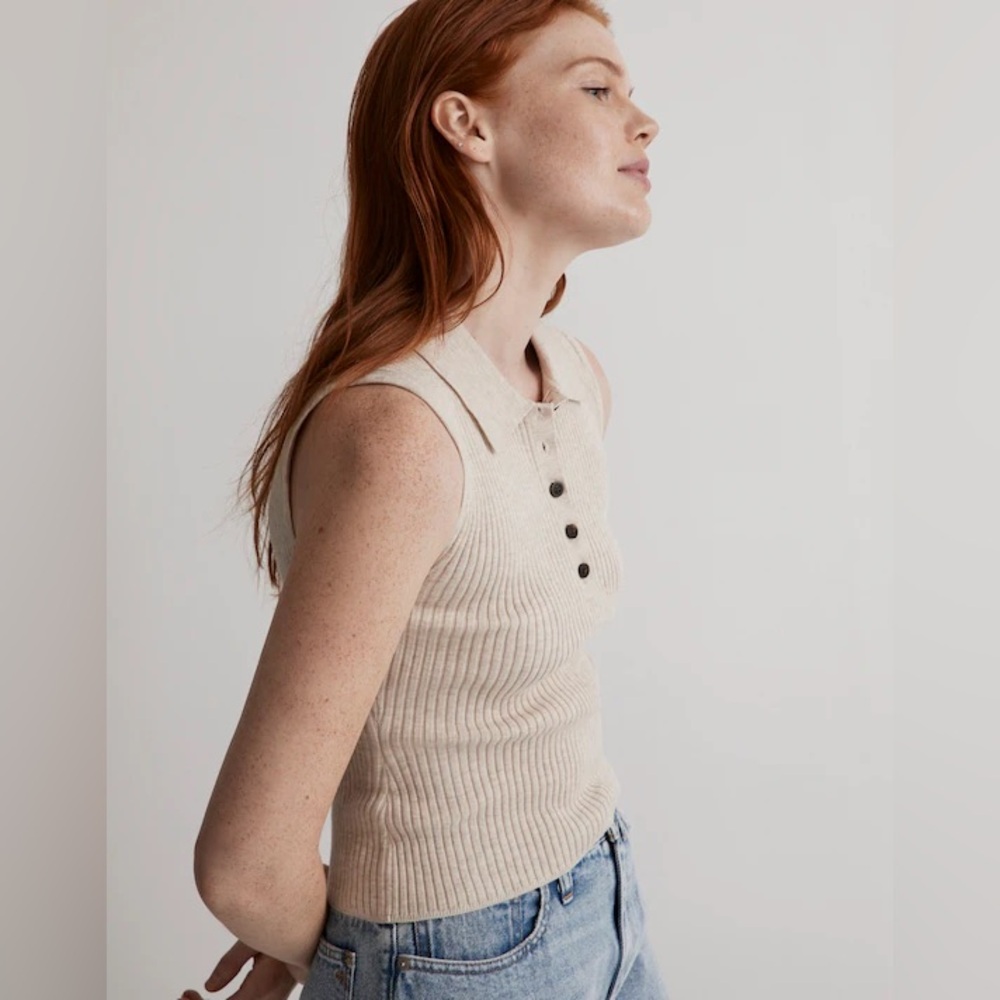 Madewell Owen Polo Sweater Tank in shade Heather Sand